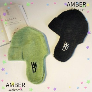 Amber หมวกผ้าขนสัตว์ ปักลายตัวอักษร ให้ความอบอุ่น ป้องกันหู