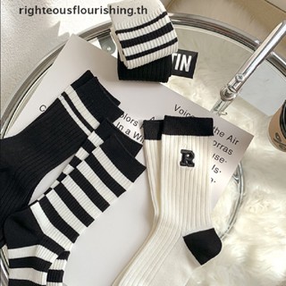 Righteousflourishs.th ถุงเท้าผ้าฝ้าย ปักลายตัวอักษร สีดํา สีขาว ระบายอากาศ สําหรับผู้หญิง