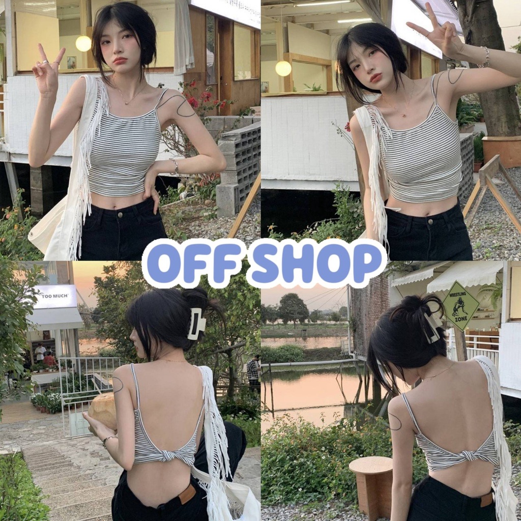 OFF SHOP พร้อมส่ง (OFF-85143) เสื้อสายเดี่ยวไหมพรม ลายทางเล็กๆ ดีเทลเว้าหลังเซ็กซี่เบาๆ