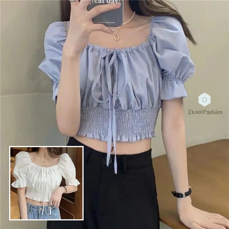 เสื้อครอปเเขนตุ๊กตา สม็อคเอว เสื้อครอปสีพื้นผูกโบว์หน้า สม็อคเอว เเซ็กซี่+น่ารักเบาๆ มี3สี