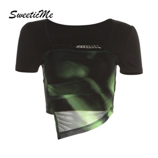 Sweeticme ใหม่ เสื้อยืดครอป แขนสั้น คอสี่เหลี่ยม ทรงไม่สมมาตร สีตัดกัน แฟชั่นสําหรับสตรี 2023