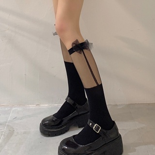 Womens New Summer Thin Black Silk Spliced Transparent Mid Tube Socks with Bow Knot JK Silk Socks for Spring and Autumn