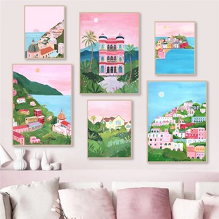 Pink Provence Amalfi Travel ภาพวาดผ้าใบ Budapest Italy By The Sea โปสเตอร์ตกแต่งผนังบ้าน ห้องนั่งเล่น