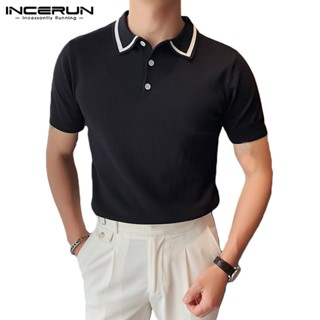 Incerun เสื้อโปโล แขนสั้น ผ้าถัก สีพื้น