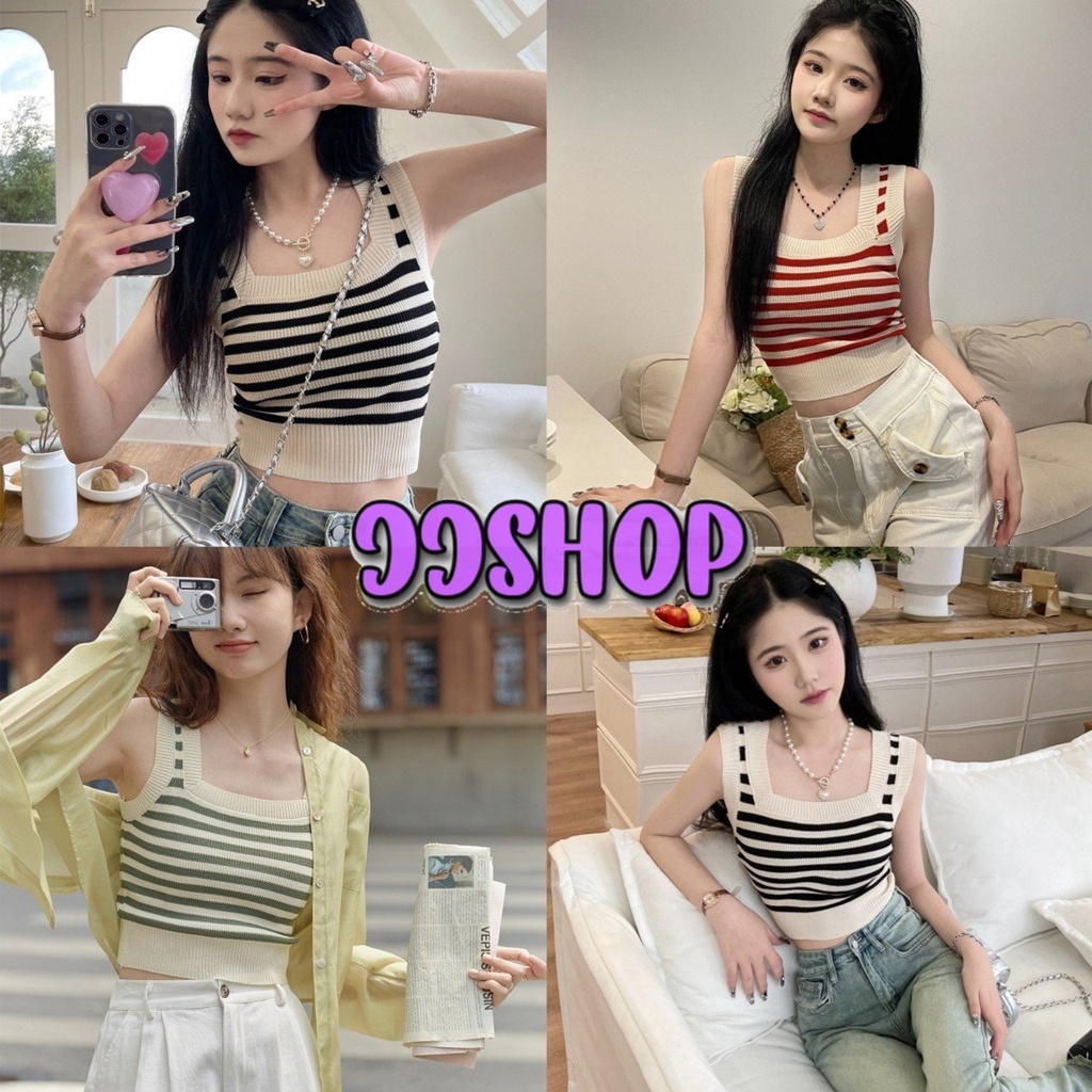JJ shop พร้อมส่ง เสื้อกล้ามไหมพรมคอเหลี่ยม ดีเทลลายทางสีน่ารัก "72003" -C