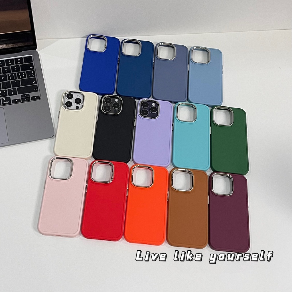 HY เคสใช้สำหรับไอโฟน เคสซิลิโคน ใช้สำหรับ iPhone 7 8 Plus + XS XR Max SE TPU Case กรอบเลนส์โลหะ ปุ่มโลหะ สีพื้น
