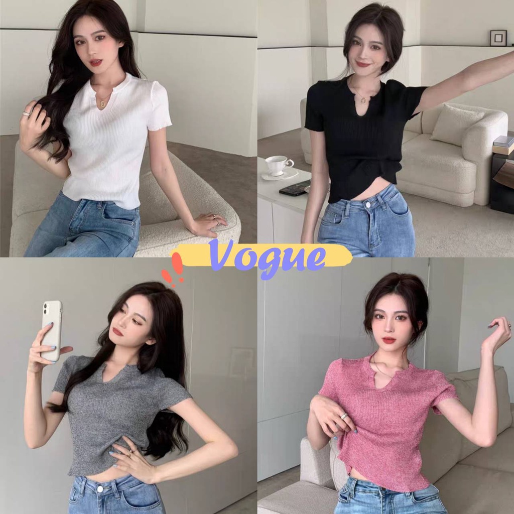 Vogue พร้อมส่ง เสื้อไหมพรมแขนสั้น คอเว้าวีเล็กๆน่ารักใส่สบายมาก (40017) -C -N