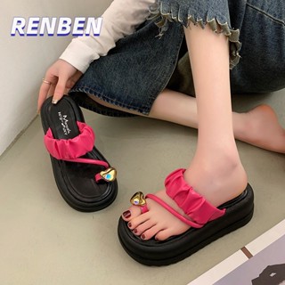 RENBEN รองเท้าแตะหนา soled ผู้หญิงฤดูร้อนโลหะปุ่มใหญ่ตั้งนิ้วเท้ามัฟฟินด้านล่างสวมรองเท้าแตะลิ่มส้นเท้า