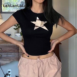 Lanlanlolo เสื้อยืดลําลอง แขนสั้น คอกลม สีพื้น เข้ารูป แฟชั่นฤดูร้อน สําหรับสตรี 2023