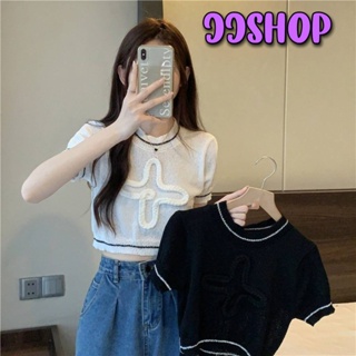 JJ shop 💜พร้อมส่ง เสื้อไหมพรมครอปสั้น แขนสั้น สีพื้นทรงสวยสไตล์เกาหลี "78066" -C