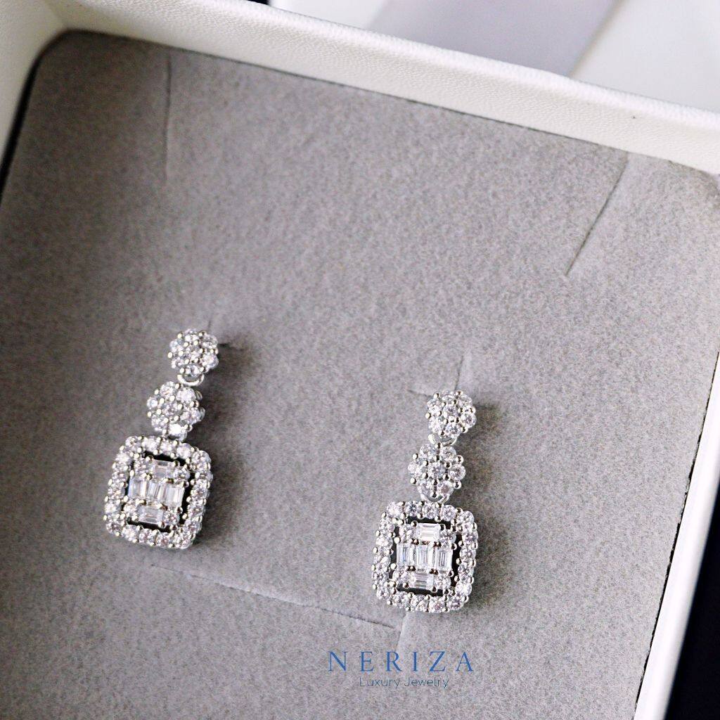 Neriza Jewelry/ต่างหูระย้าประกบเพชรสังเคราะห์ประกายเทียบเท่าเพชรแท้ ต่างหูเพชรประกบ ต่างหูเพชร NE166