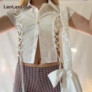 Lanlanlolo เสื้อเชิ้ต แขนสั้น คอปก สีพื้น แฟชั่นฤดูร้อน สําหรับผู้หญิง 2023