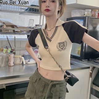 RUO BEI XUAN ผู้หญิงใหม่แขนสั้นฤดูร้อนเสื้อโปโลบางสั้นสาวเครื่องเทศท็อปส์พิมพ์แฟชั่นอเนกประสงค์เสื้อยืดลำลอง