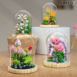 Ameesi บล็อกตัวต่อ ฐานไม้ใส รูปดอกไม้ บอนไซ DIY อุปกรณ์เสริม สําหรับตกแต่งบ้าน