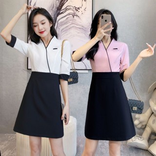 👉เดรสแขนสั้น ผ้าฝ้ายหนานุ่ม  เสื้อยูนิฟอร์ม ปกป้าน แขนสั้น ชุดแม่บ้าน ชุดพนักงานเสริฟ บาริสต้า