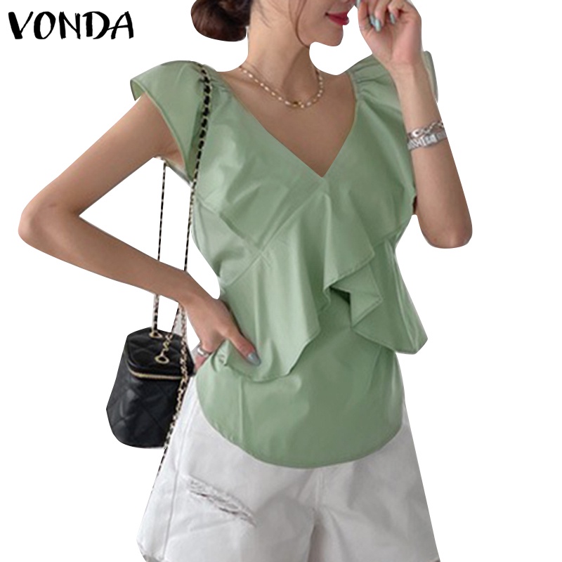 Vonda ผู้หญิง เกาหลี ลําลอง คอวี ลูกไม้ เย็บปะติดปะต่อกัน แขนบาน เสื้อกล้าม