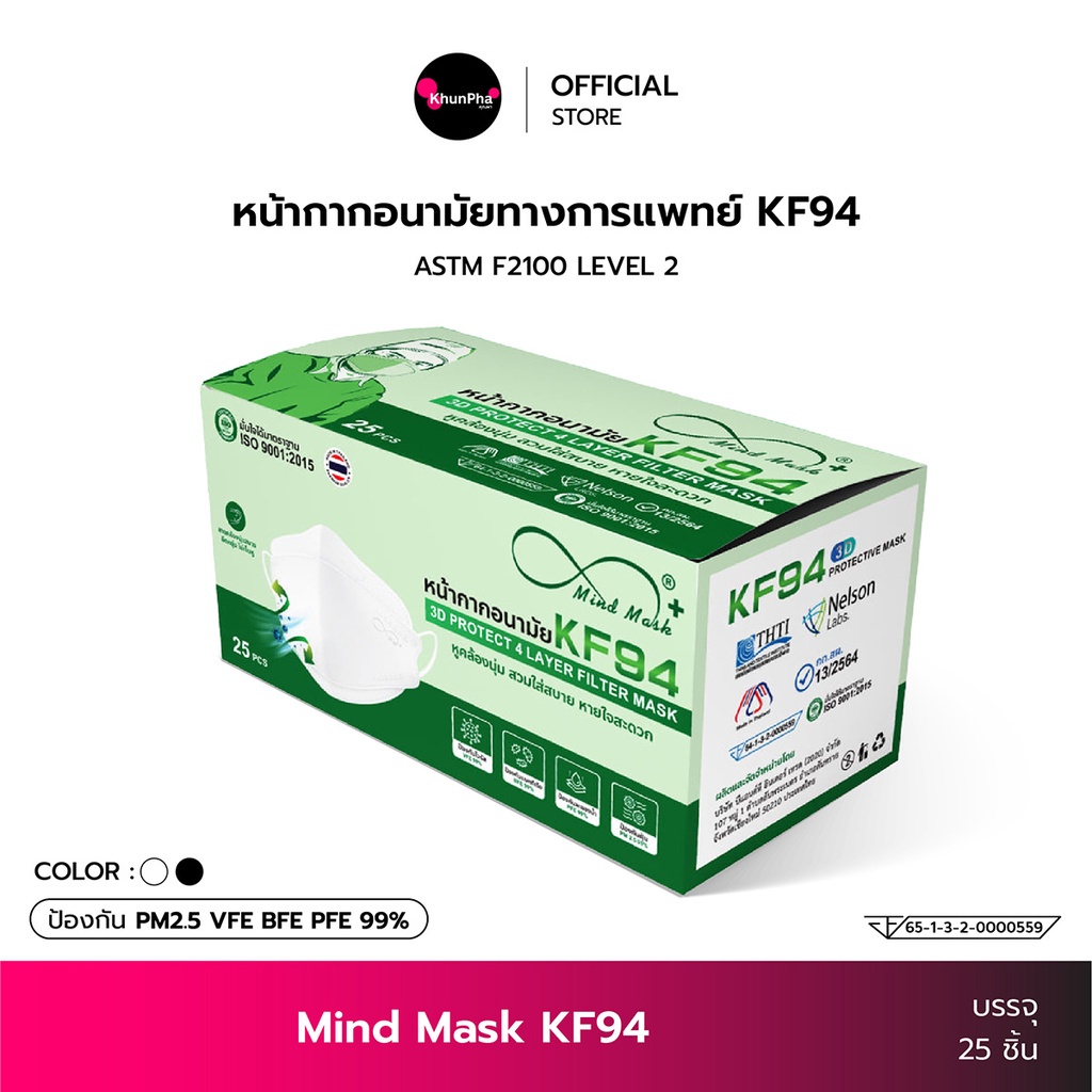 Mind Mask หน้ากากอนามัยทางการแพทย์ KF94 4ชั้น (กล่อง 25ชิ้น) กันฝุ่น PM2.5 ทรงเกาหลี 3D แมส ใส่สบาย ไม่เจ็บหู