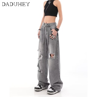 DaDuHey🎈 Womens American Style Ripped Pants High Street Fashion Ins Retro Jeans Straight Loose Casual Mop Pants
