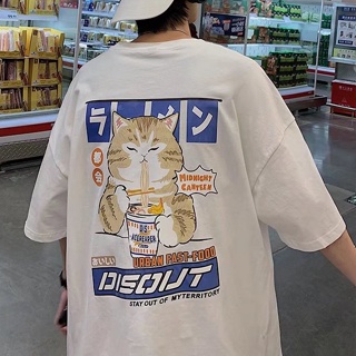 เสื้อยืดแฟชั่นญี่ปุ่นผู้ชาย พิมพ์ลาย Cat Cat Hip Hop พิมพ์ลายแมวคู่รัก เท่ๆ น่ารักที่ด้านบนของเสื้อ