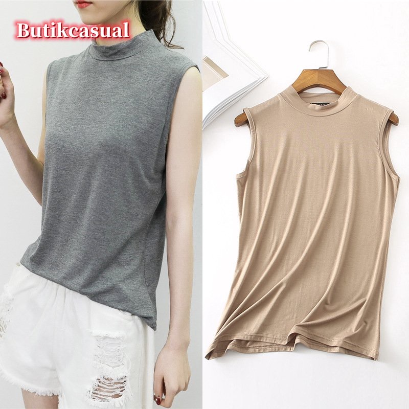 ผู้หญิง modal คอเต่าถังแขนกุด tshirt tops 2025 เสื้อฤดูร้อนยืดหยุ่นผู้หญิง