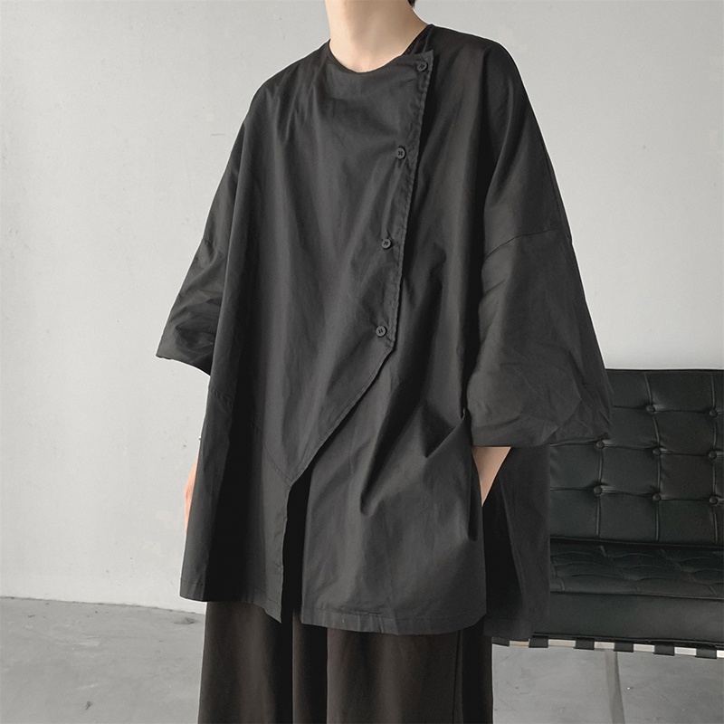 Yohji Yamamoto เสื้อเชิ้ตแขนสั้น คอปก ติดกระดุม แนวทะแยง ทรงไม่สม่ําเสมอ โอเวอร์ไซซ์ สไตล์จีน แฟชั่นฤดูร้อน สําหรับผู้ชาย