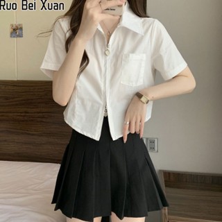 Ruo Bei Xuan ผู้หญิงใหม่สีขาวเสื้อคู่หัวใจซิปออกแบบแฟชั่น Slim สั้นเสื้อ