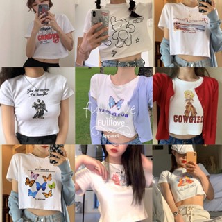 Fulllove เสื้อยืดเอนกประสงค์แฟชั่น เสื้อยืดแขนสั้นสไตล์ผู้หญิง เสื้อครอปเอวสูง