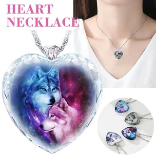 New Silver Women Animal Wolf Heart Necklace Natural Crystal Pendant Jewelry Gift