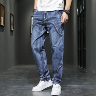 Spot large-size jeans, mens high-grade pants, spliced jeans, mens middle-aged dads, straight trousers, chubby trousers, wide version of trendy pants, summer jeans, thin denim trousers, boys clothes.