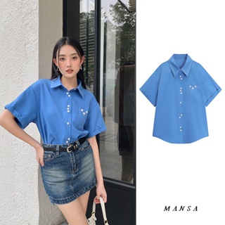 MANSA blue short sleeve shirt เสื้อเชิ้ตแขนสั้น เสื้อ เสื้อโอเวอร์ไซส์