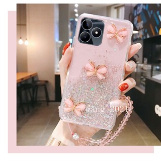 พร้อมส่ง ใหม่ เคสโทรศัพท์มือถือนิ่ม ปิดด้านหลัง ลายผีเสื้อสามมิติ แต่งกลิตเตอร์ พร้อมสายคล้อง สําหรับ Realme C53 C55 NFC 2023 RealmeC53