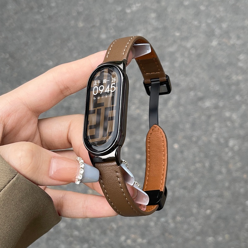 สายหนังสําหรับ Xiaomi Band 10 9 8 7 6 5 4 3 หัวเข็มขัดแม่เหล็กเปลี่ยนสมาร์ทวอทช์สายรัดข้อมือ Mi Band 56 Miband 8 7 Accessorie