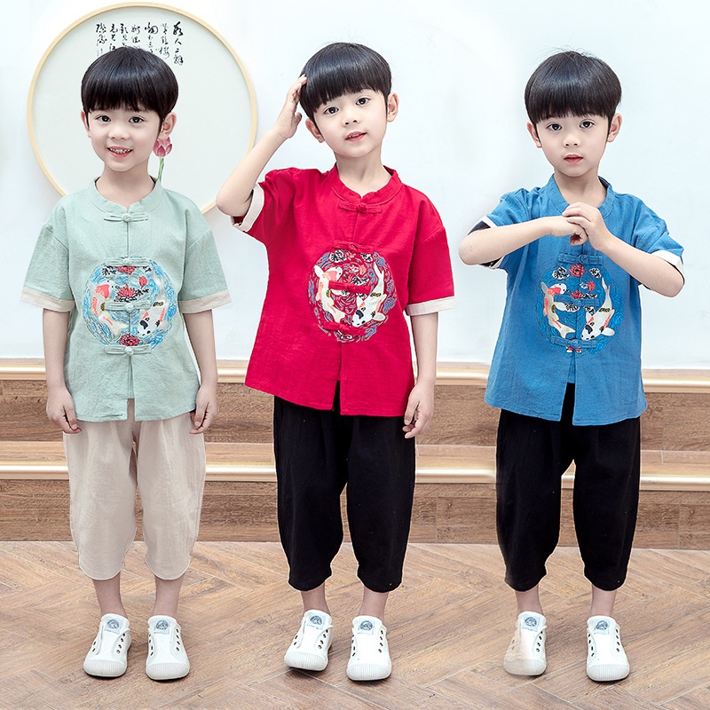 ชุดเสื้อแขนสั้น ผ้าฝ้าย และผ้าลินิน สไตล์ฮั่นฝู แฟชั่นเรโทร สําหรับเด็กผู้หญิง และเด็กผู้ชาย