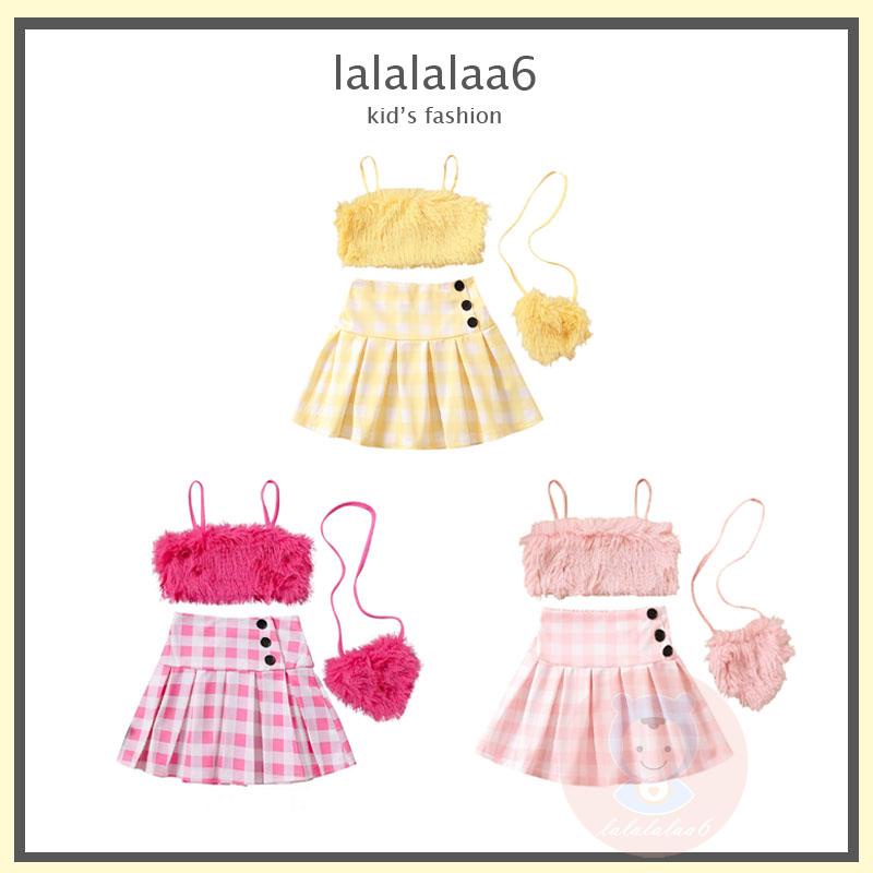 Laa6-kids Girl Summer Casual Plush แขนกุด Camisole + กระโปรงจีบลายสก๊อตยืดหยุ่นพร้อมชุดกระเป๋าสะพายข้าง