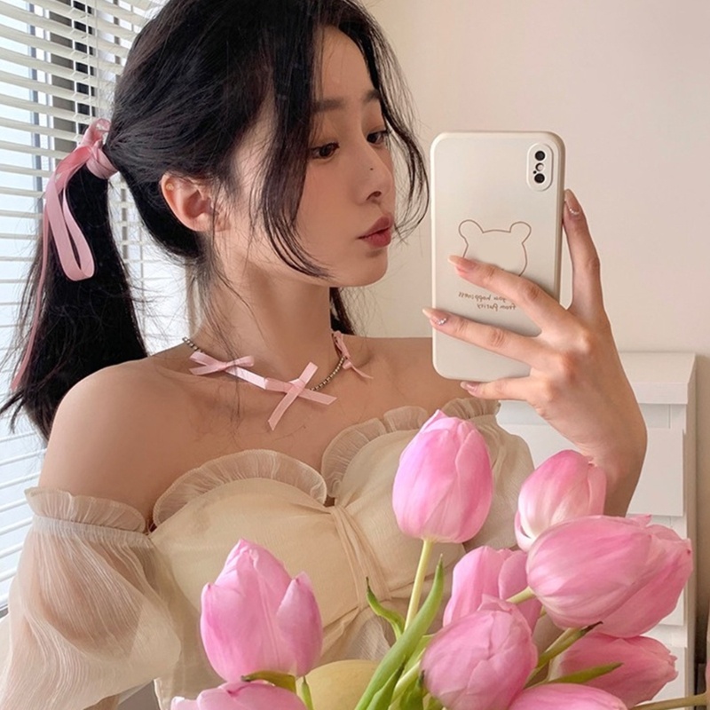 Arin สร้อยคอโชคเกอร์ ประดับลูกปัด ริบบิ้น โบว์ เพทาย สั้น เครื่องประดับแฟชั่น สําหรับผู้หญิง