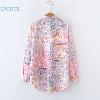 Gjcute เสื้อเชิ้ตแขนยาวลําลอง คอปก พิมพ์ลายดอกไม้ ทรงหลวม แฟชั่นฤดูร้อน สําหรับผู้หญิง WTD