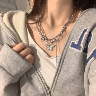 Double Layered Butterfly Chain Necklace for Girls New Ins Hip-hop Trendy and Cool Hot Girl Sweater Chain Accessory Design Sense Clavicle Chain for Women