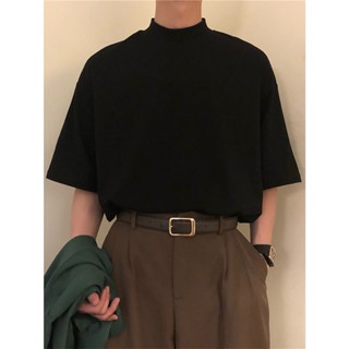 เสื้อยืดคอเต่า แขนห้าส่วน ทรงหลวม สีพื้น สไตล์ญี่ปุ่น สําหรับผู้ชาย