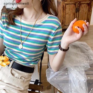 [springevenwell] ใหม่ พร้อมส่ง เสื้อยืดลําลอง แขนสั้น คอกลม ลายทาง สไตล์วินเทจ เหมาะกับฤดูร้อน สําหรับสตรี