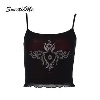 Sweeticme เสื้อกล้าม ผ้าตาข่าย ประดับเพชร ทรงสลิมฟิต สไตล์สตรีท เซ็กซี่ แฟชั่นใหม่ สําหรับผู้หญิง 2023