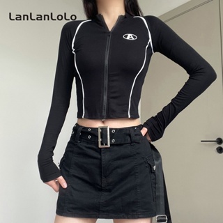 Lanlanlolo เสื้อคาร์ดิแกน คอกลม แขนยาว สีตัดกัน สําหรับผู้หญิง 2023