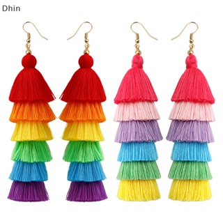 [Dhin] 1Pair Summer Handmade Jewelry Bohemian Style Accessories Long Cute Rain Color Layered Fringe Tassel Earrings For Women COD