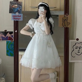 ชุดเดรส ผ้าชีฟอง แขนพอง คอสี่เหลี่ยม ประดับโบว์ แต่งลูกไม้ สีขาว สไตล์ญี่ปุ่น แฟชั่นฤดูร้อน