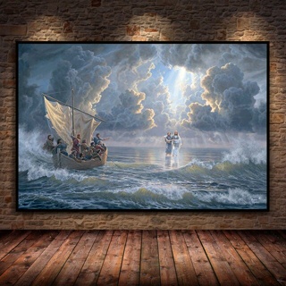 โปสเตอร์ภาพวาดผ้าใบ รูปพระเยซู Christ Walking On Water สําหรับตกแต่งผนัง 0711