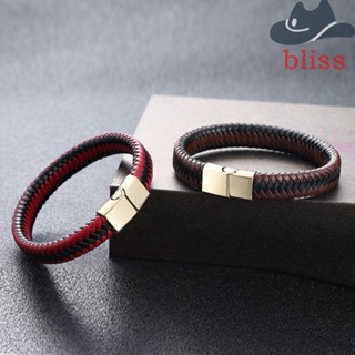 Bliss สร้อยข้อมือหนัง 20.5 ซม. อุปกรณ์เสริมพังก์ หลายชั้น สเตนเลส สีดํา สีน้ําตาล เข็มกลัดแม่เหล็ก กําไลข้อมือ