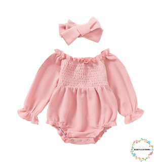 Babyclom- ชุดรอมเปอร์ แขนยาว เปิดไหล่ จับจีบ พร้อมที่คาดผม ฤดูใบไม้ร่วง สําหรับเด็กผู้หญิง