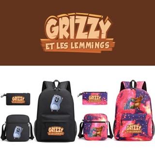 Grizzy and the Lemmings กระเป๋าเป้สะพายหลัง กระเป๋านักเรียน พิมพ์ลายการ์ตูน ความจุขนาดใหญ่ กันน้ํา สําหรับเด็กนักเรียน เดินทางกลางแจ้ง สามชิ้น