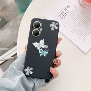 ใหม่ เคสโทรศัพท์มือถือ ซิลิโคนนิ่ม TPU ปิดด้านหลัง ลายผีเสื้อ ประดับเพชร แวววาว เรียบง่าย สีพื้น สําหรับ VIVO Y27 Y36 4G 5G Y02t 2023 Y274G