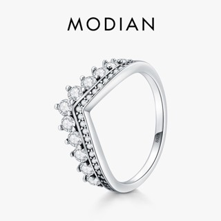 Modian แหวนเงินแท้ 100% 925 รูปมงกุฎ ประดับเพทาย สไตล์คลาสสิก วางซ้อนกันได้ ของขวัญวันคริสต์มาส งานแต่งงาน สําหรับผู้หญิง