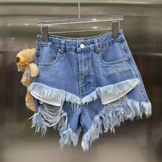 ♥ เช็คสินค้าก่อนสั่ง PALDA BEAR VELCRO PATCH SHORTS BLUE กางเกงยีนส์ขาสั้น น่ารัก แต่งระบายขาดเซอร์ แต่งน้องหมี teddy